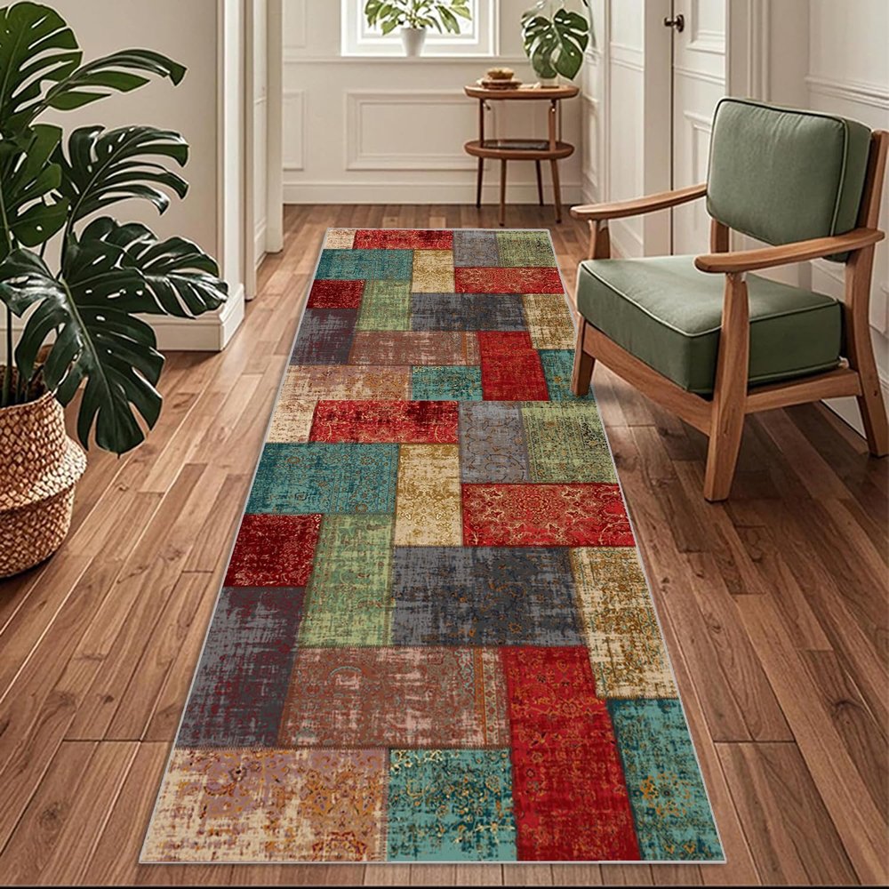 Siunwdiy Long Hallway Runner 120 x 140 cm, Colorful Moroccan Design, Non-Slip and Washable