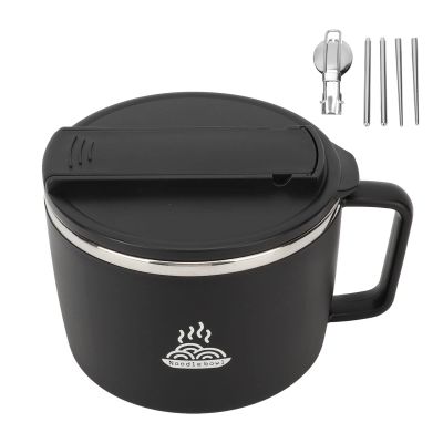 Double-Walled Stainless Steel Ramen Bowl with Phone Holder, 1,200 mL, Portable Soup Bowl for Office, Black