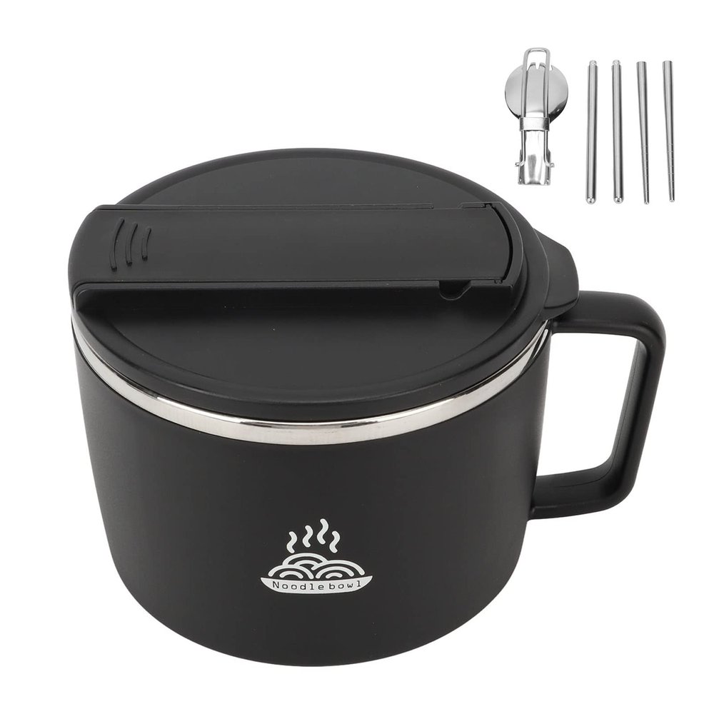 Double-Walled Stainless Steel Ramen Bowl with Phone Holder, 1,200 mL, Portable Soup Bowl for Office, Black