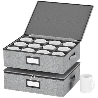 homyfort Coffee Mug Storage Box with Dividers, Lid, Handles, and Label Window, Holds 24 Cups