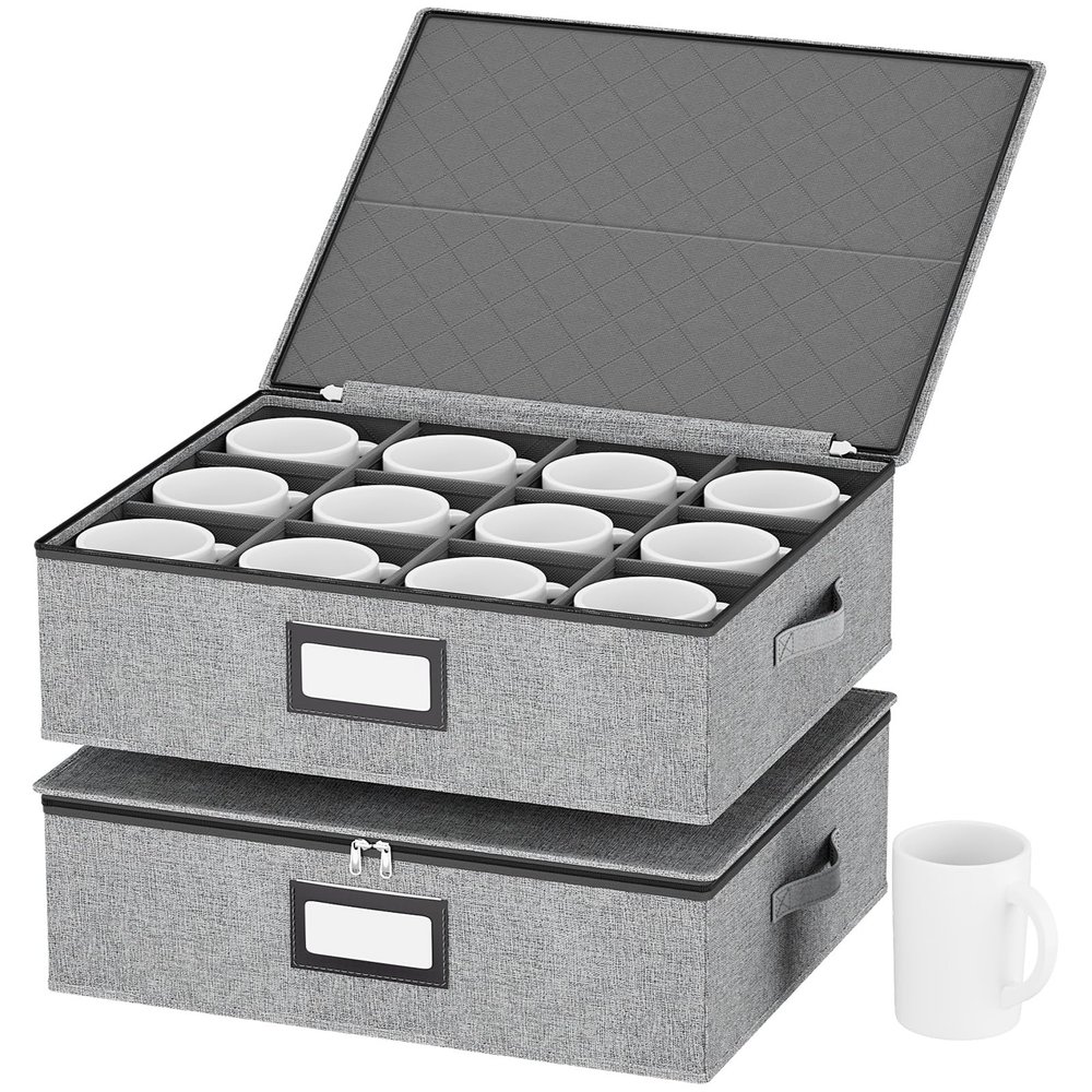 homyfort Coffee Mug Storage Box with Dividers, Lid, Handles, and Label Window, Holds 24 Cups