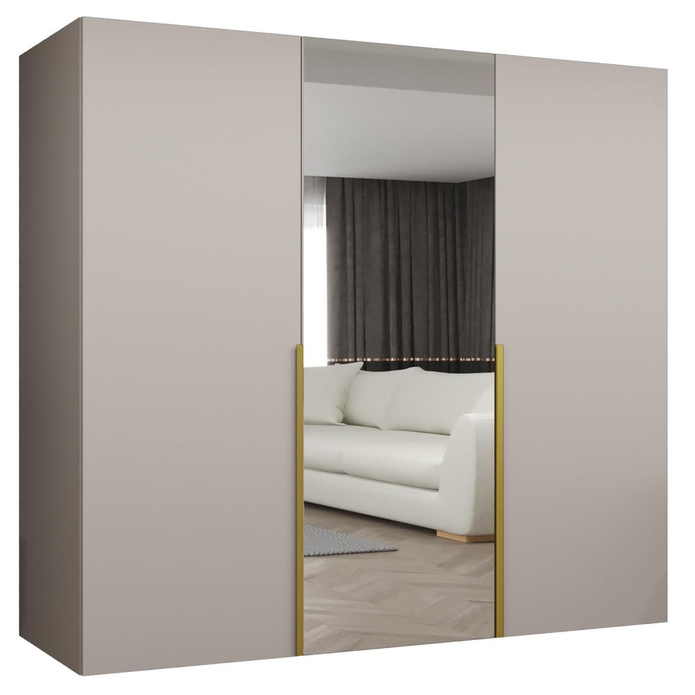 MEBLE KRYSPOL Alicante 2 Wardrobe with Mirror, Hinged Doors, 150 x 202 x 52 cm, Cashmere with Gold Handle