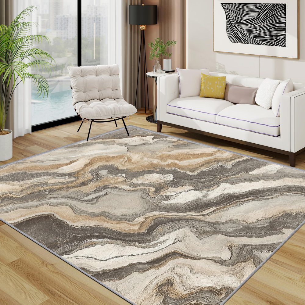 TerroVee Marble Rug, Modern Abstract Minimalist Short-Pile Rug, Washable, Soft, Gray Brown White, 60 x 90 cm