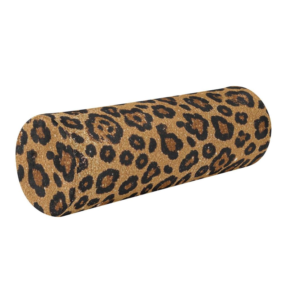 Small Brown Neck Pillow with Faux Glitter Leopard Pattern, Round Cylinder Neck Roll