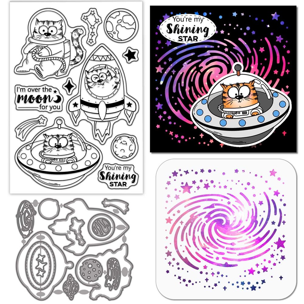 GLOBLELAND Space Comic Cats Silicone Stamps and Dies Set