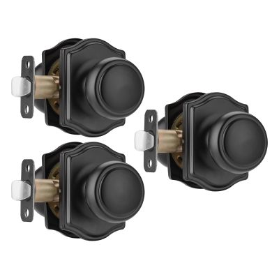 NCSEN Door Knobs with Camelot Trim and Lock, Matte Black, 3-Pack