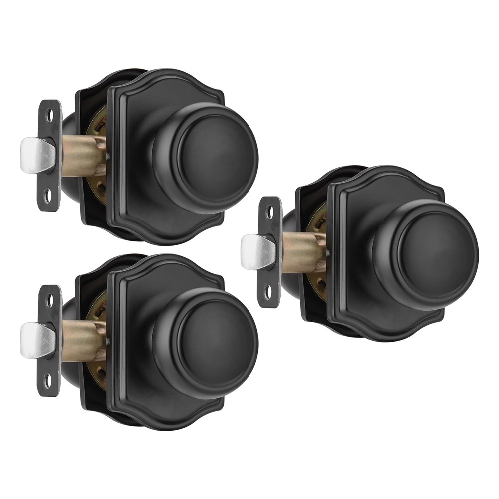 NCSEN Door Knobs with Camelot Trim and Lock, Matte Black, 3-Pack