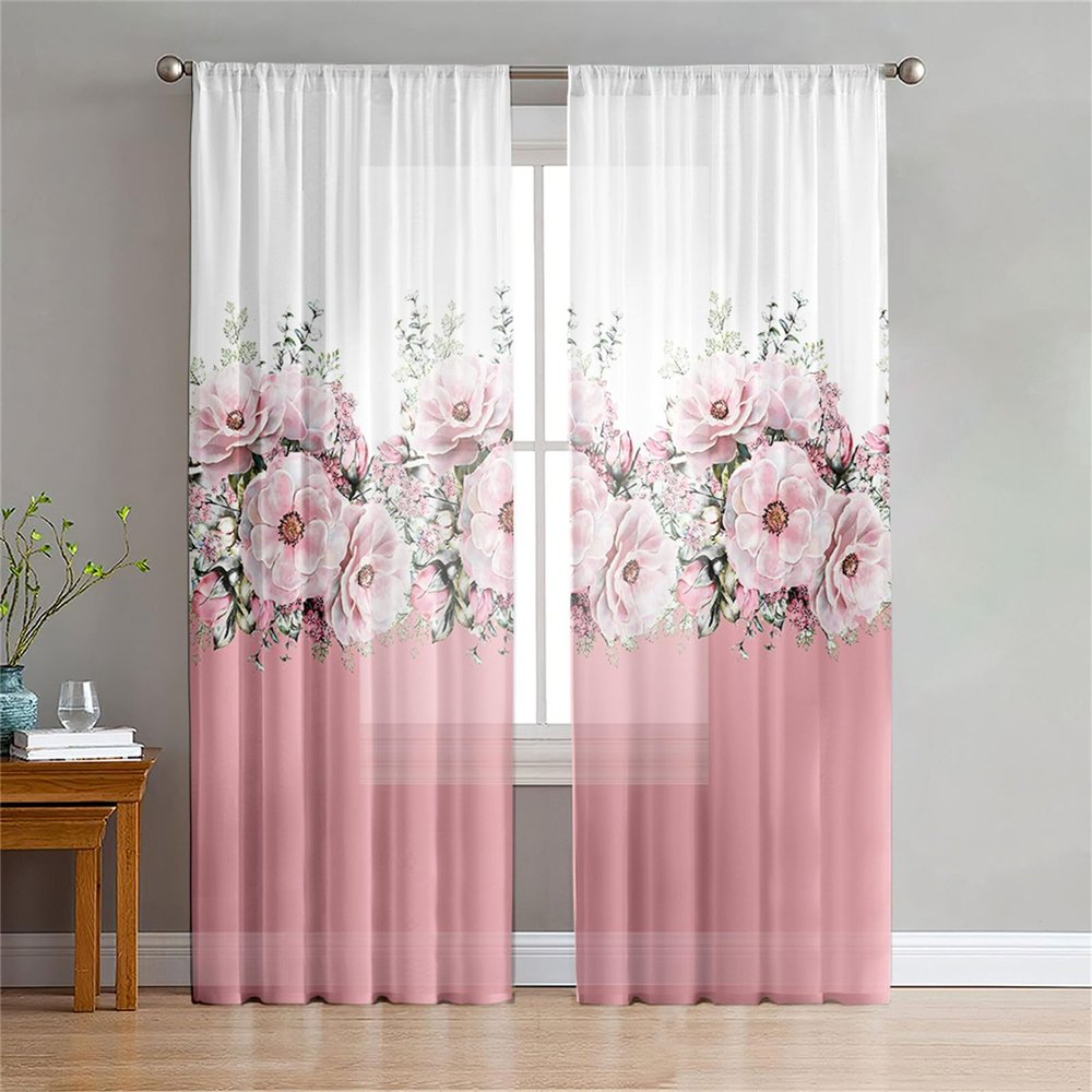 Odot Semi-Sheer Curtains for Living Room, 3D Flower Pattern Voile Curtains with Rod Pockets, Set of 2, Flower Leaf A, 140 x 275 cm