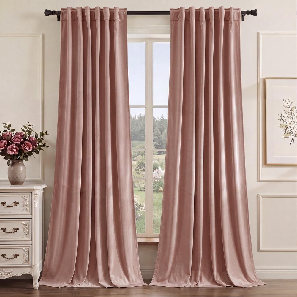 StangH Dusty Pink Velvet Curtains, 250 cm Long, Room-Darkening, 132 x 250 cm, 2 Panels