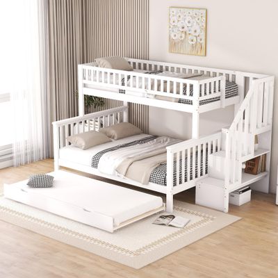 SUKY Bunk Bed, 90 x 200 cm and 140 x 200 cm, White, with Slats (Mattress Not Included), Pine, with Rolling Storage and Stairs