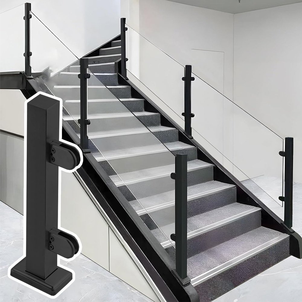 Generic Black Glass Railing Post Clamp for Stairs and Decks, Square Balustrade System, 60–120 cm Glass Panel Holder, 47.2 in End Post, Durable Black Finish