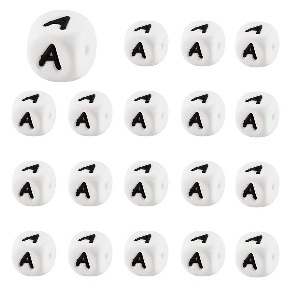 LEGENTLISUR 20 Pcs Silicone Letter Beads 12mm Cube White Vowel Alphabet Loose Beads for Friendship Bracelets Necklaces Keychains Jewelry Crafting DIY Projects (Letter A)