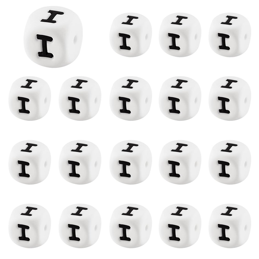 LEGENTLISUR 20 Pcs Silicone Letter Beads 12mm Cube Vowel Initials White Alphabet Beads for Friendship Bracelets Necklaces Keychains DIY Projects (Letter I)