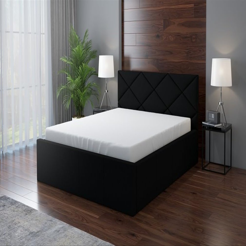 A&J MbelLand VIGI Upholstered Bed 140 x 200 cm with Mattress, Slatted Base and Storage Box, Black