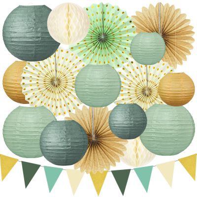 17-Piece Party Decoration Set with Hanging Paper Lanterns and Honeycomb Paper Fans for Women, Sage Green