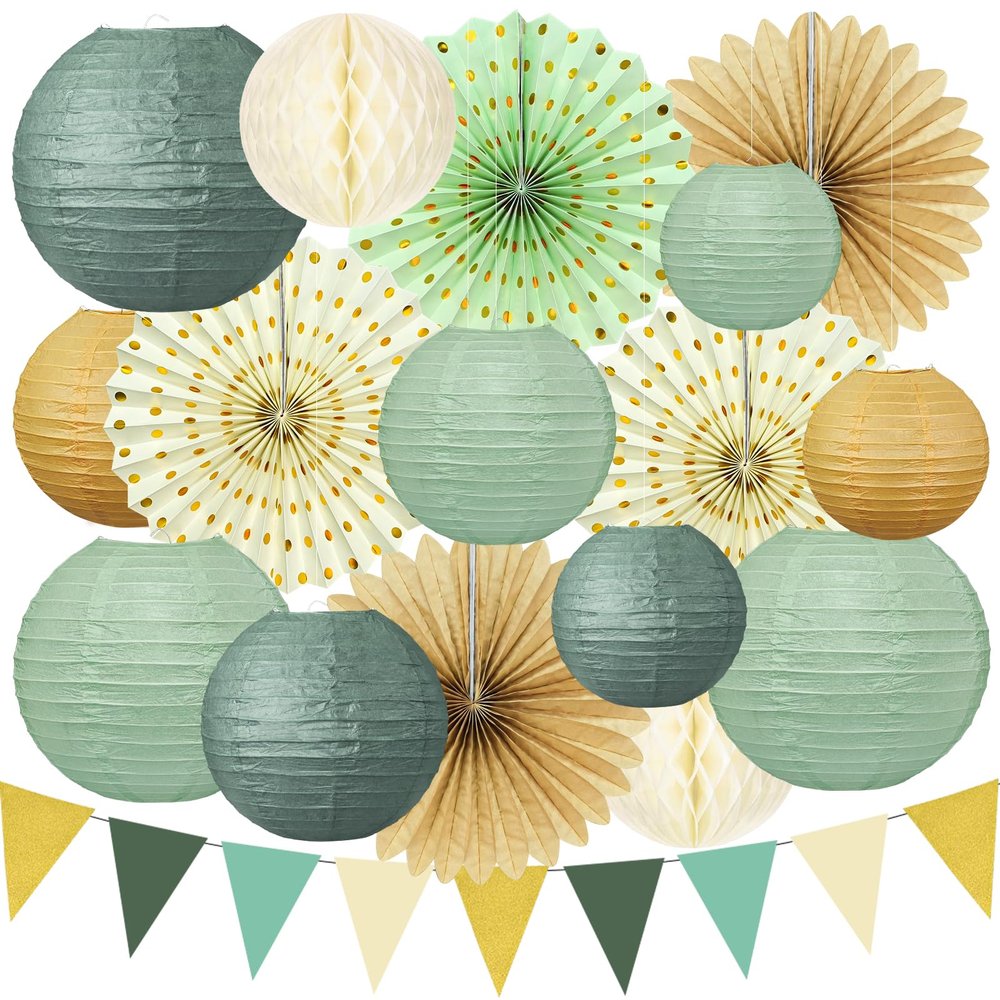 17-Piece Party Decoration Set with Hanging Paper Lanterns and Honeycomb Paper Fans for Women, Sage Green