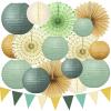 17-Piece Party Decoration Set with Hanging Paper Lanterns and Honeycomb Paper Fans for Women, Sage Green view 1