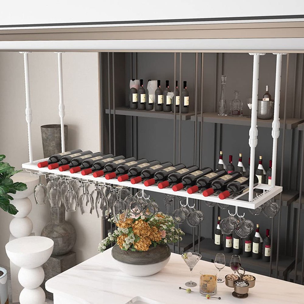 MWAYOYTE Wine Rack, Ceiling-Mounted Wine Glass Holder and Wall-Mounted Bottle Rack