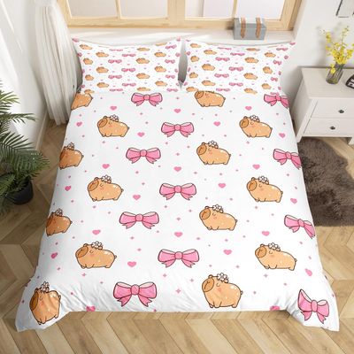 Bowknot 200 x 200 cm Capybara Bedding Set, Pink Love Heart Duvet Cover Set