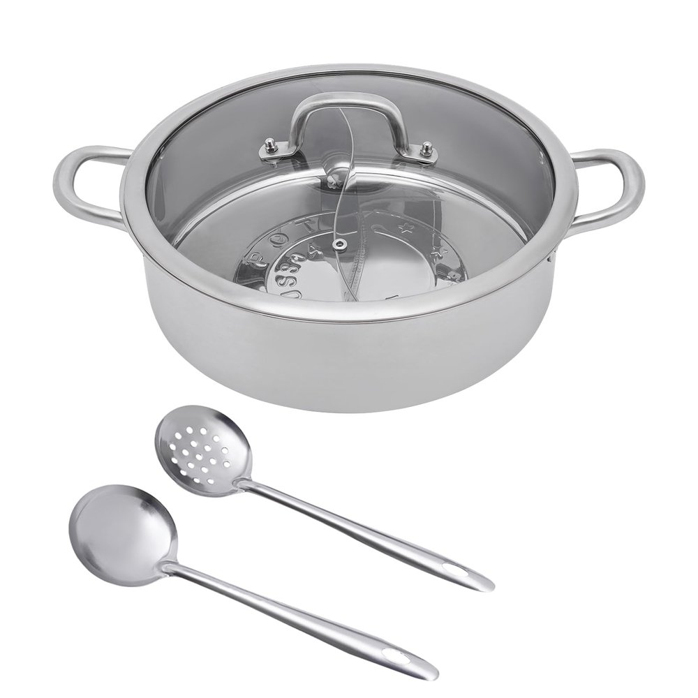 CHIMHOON 32 cm 304 Stainless Steel Divided Hot Pot with Glass Lid