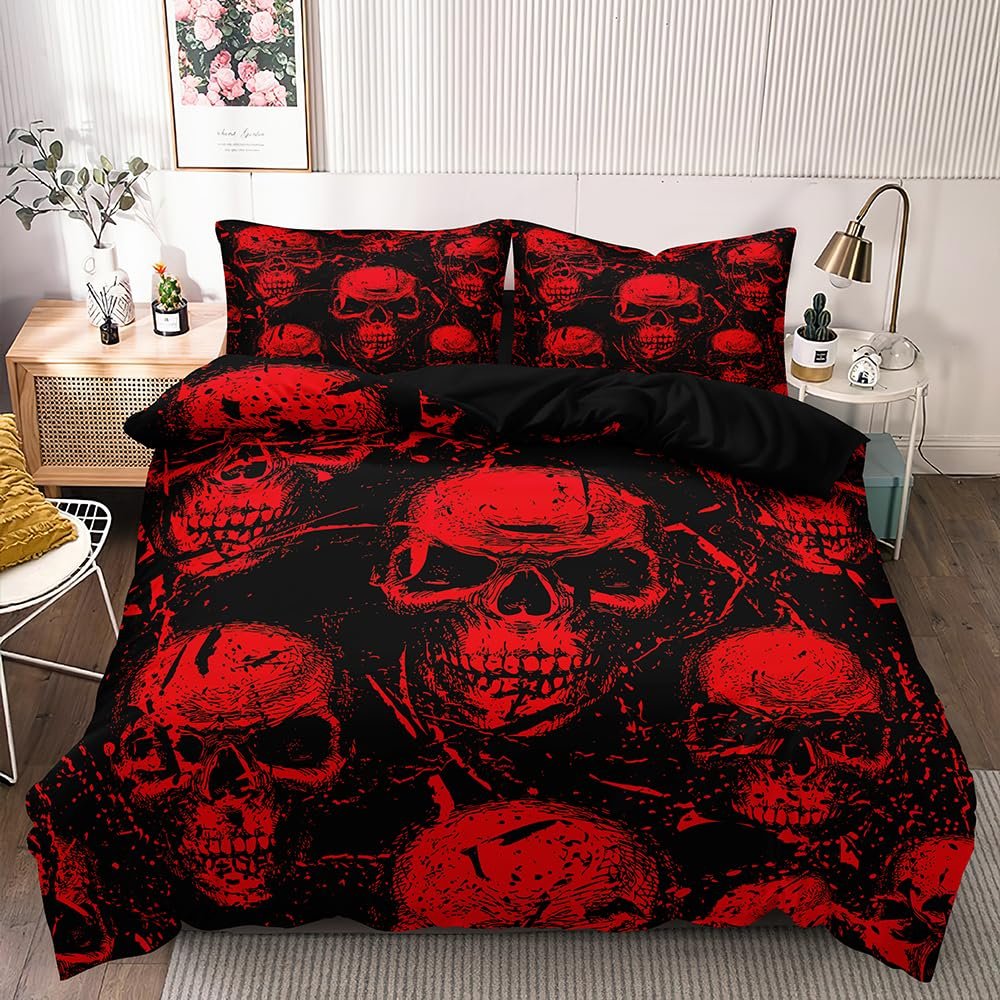 Luowei Red Demon Skull Bedding Set, 200 x 200 cm, with 2 Pillowcases