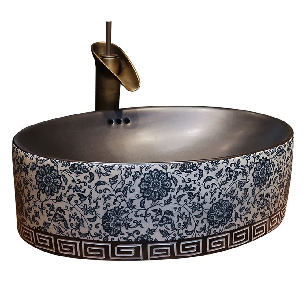WOTZOV Oval Ceramic Art Deco Vessel Sink with Faucet