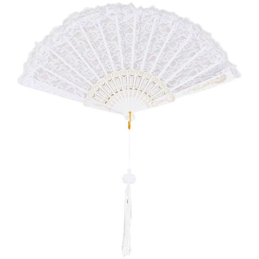 CREATCABIN Folding Fan White Lace Line Dance Fan