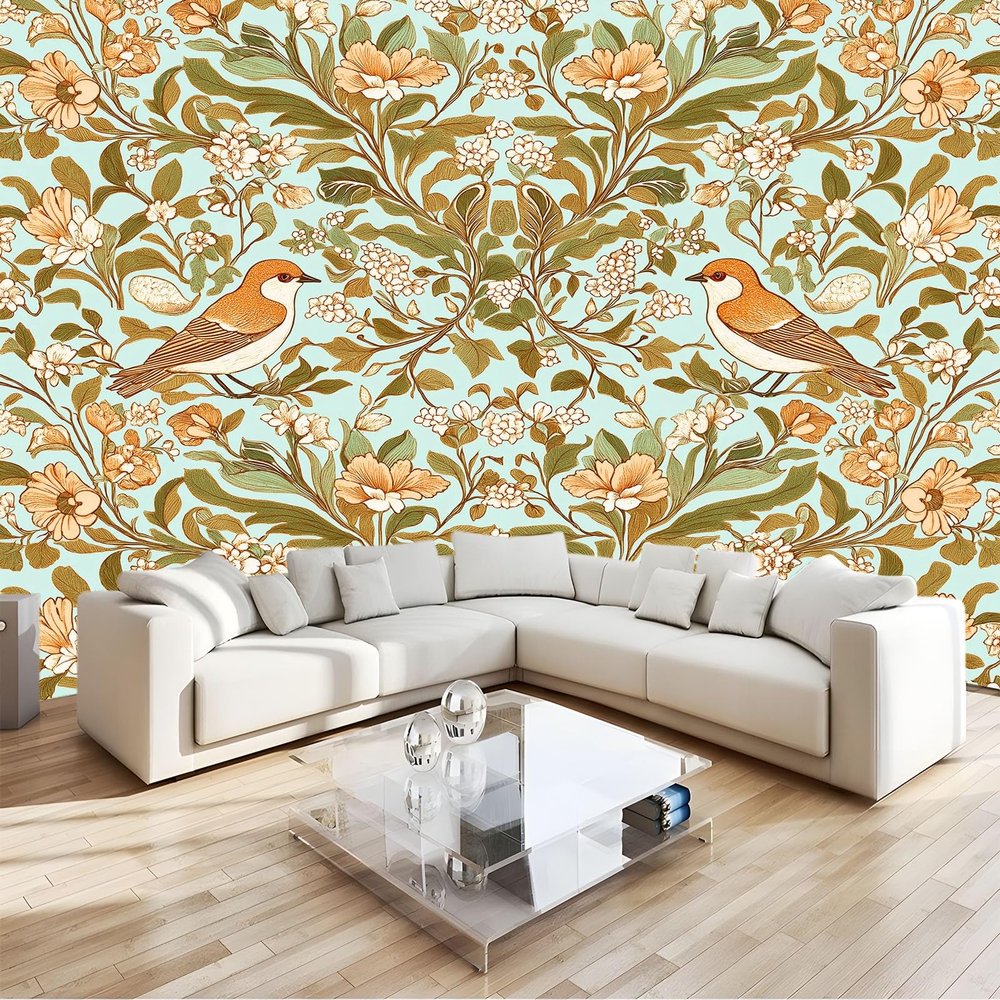 3D Non-Woven Photo Wallpaper with Plants, Flowers and Animals, Green, 300 x 210 cm
