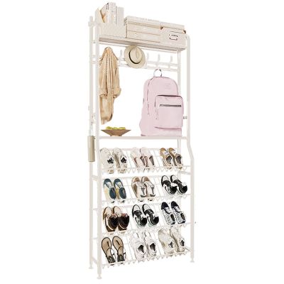 Narrow Metal Coat and Shoe Rack with 4 Angled Upper Shelves
