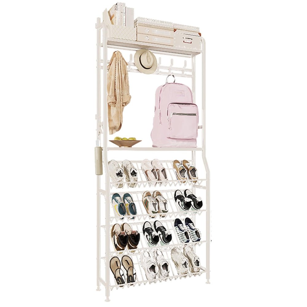 Narrow Metal Coat and Shoe Rack with 4 Angled Upper Shelves