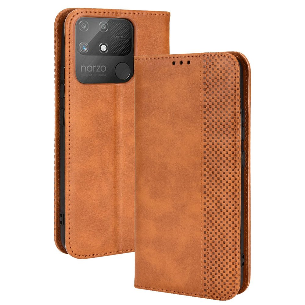 Lucyliy Case for Realme Narzo 50A, Protective PU Leather Wallet Case with Card Slots and Stand Function, Brown