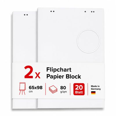 Conipa Blank Flipchart Paper, 2 Pads, 20 Sheets Each, 65 x 98 cm, White