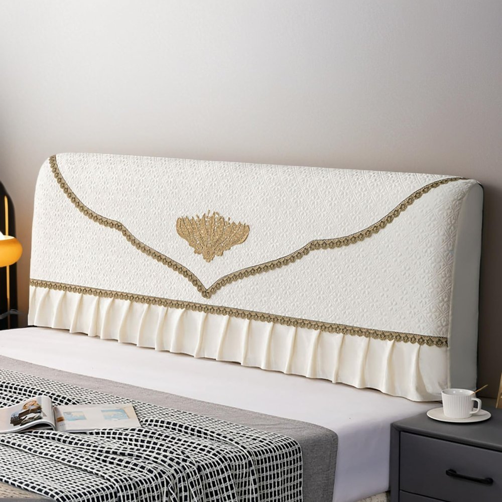 Dustproof Stretch Headboard Cover, Removable Polyester Bed Headboard Slipcover, Washable, Off White, 190 cm