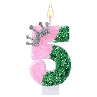 Pink Birthday Number Candle, Glittering Sequin Green Cake Decoration with Rhinestone Crown Design for Birthday Party Decoration Anniversary Wedding (Number 5)
