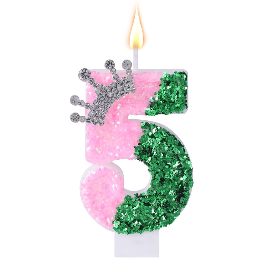 Pink Birthday Number Candle, Glittering Sequin Green Cake Decoration with Rhinestone Crown Design for Birthday Party Decoration Anniversary Wedding (Number 5)