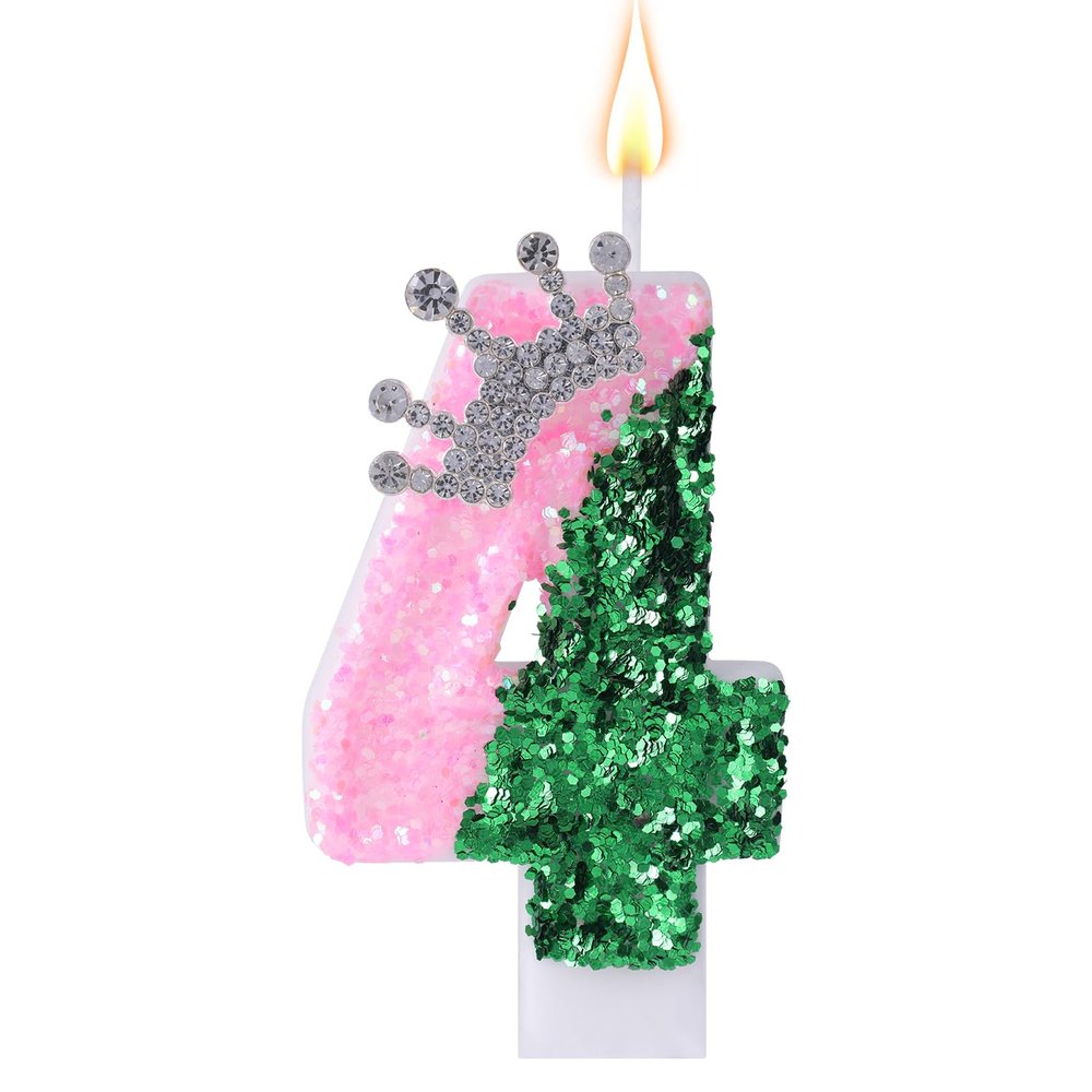 Pink & Green Birthday Number Candle, Glittery Sequin Witch Theme Cake Decoration with Rhinestone Crown Design for Birthday Party Decoration Anniversary Wedding (Number 4)