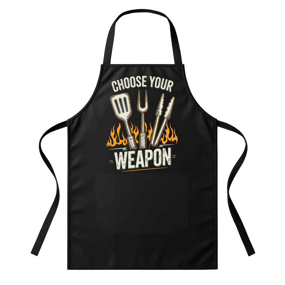 Men’s Choose Your Weapon Grill Apron | Gamer BBQ Apron with Weapon Design | Black with Pocket