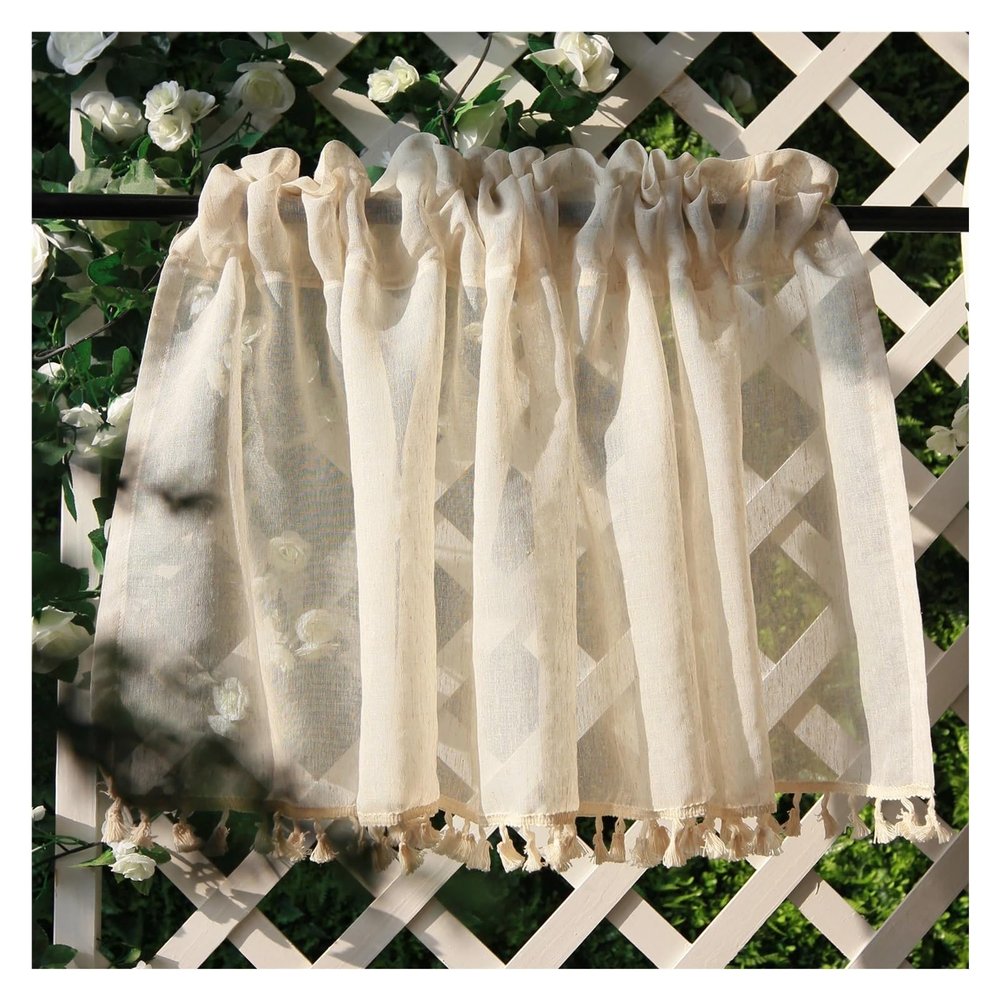 LVCHAO Vintage Linen Sheer Tier Curtain with Tassels, Cream Beige, Rod Pocket, 1 Panel, 100 x 100 cm