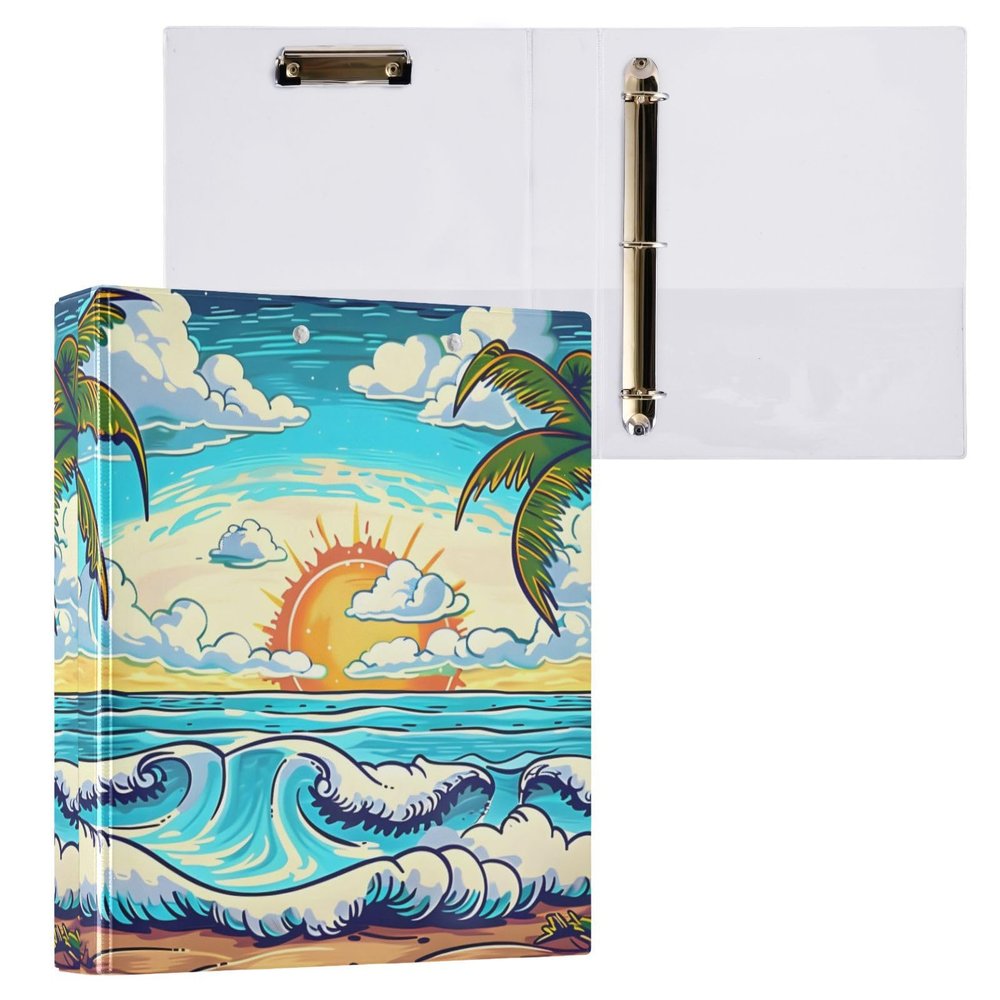 3-Ring Binder with Palm Trees and Golden Beach Design