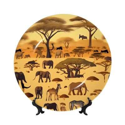 PHAYAH Decorative Bone China Plate with Stand, African Grassland Animal Pattern, 15.2 cm
