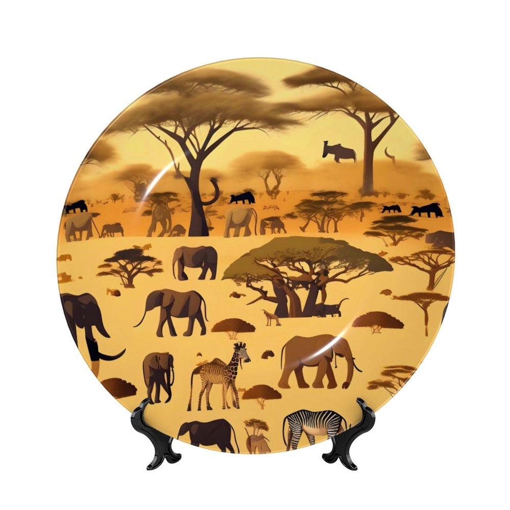 PHAYAH Decorative Bone China Plate with Stand, African Grassland Animal Pattern, 15.2 cm