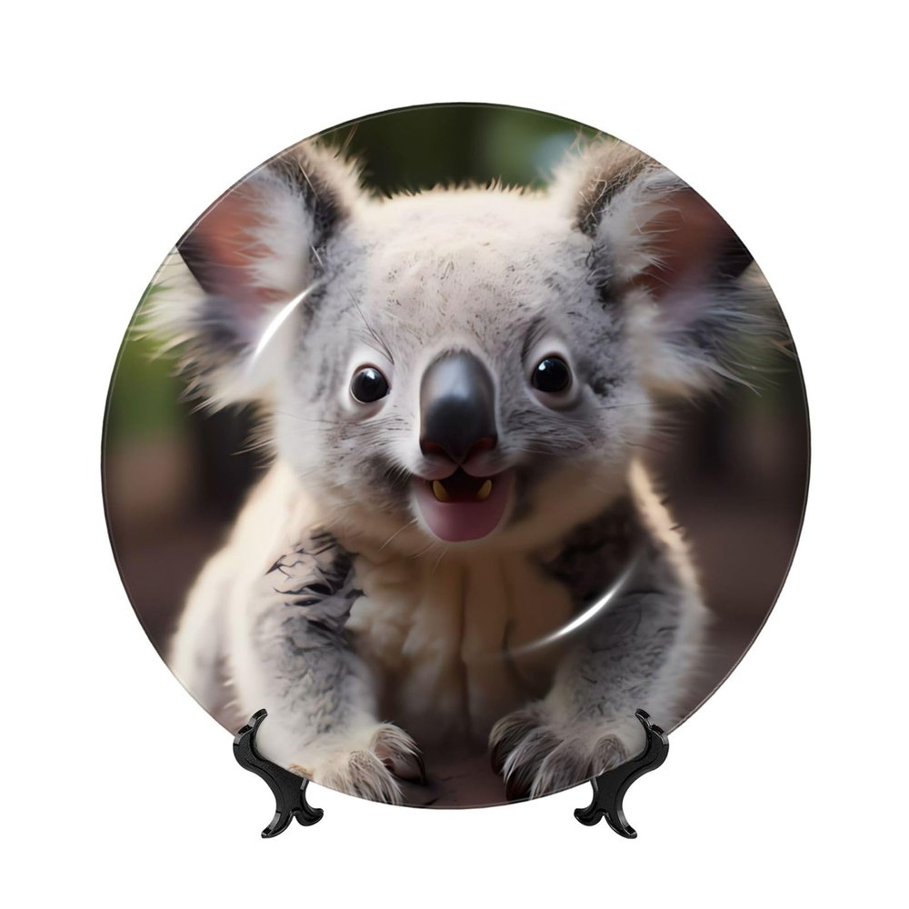 PHAYAH Decorative Bone China Plate with Stand, Cute Koala Pattern, 15.2 cm