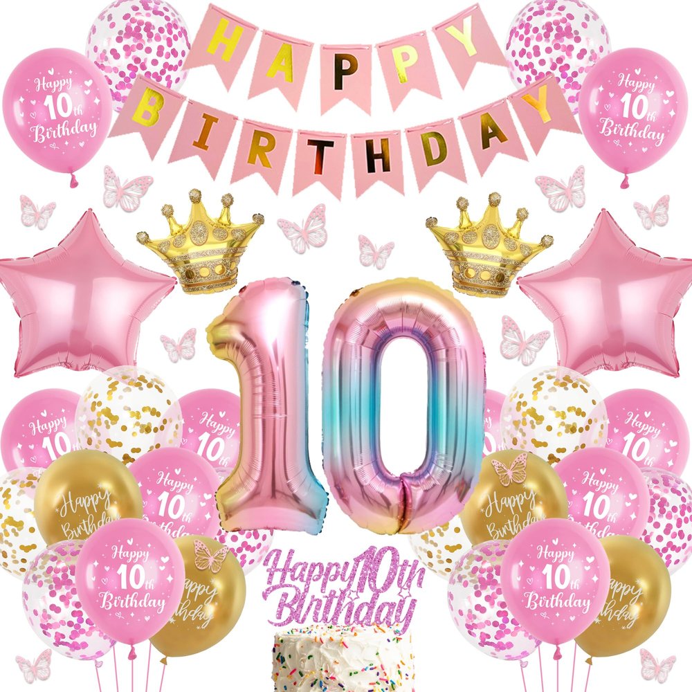 batnite 10th Birthday Balloons for Girls, Pink - Happy Birthday Banner