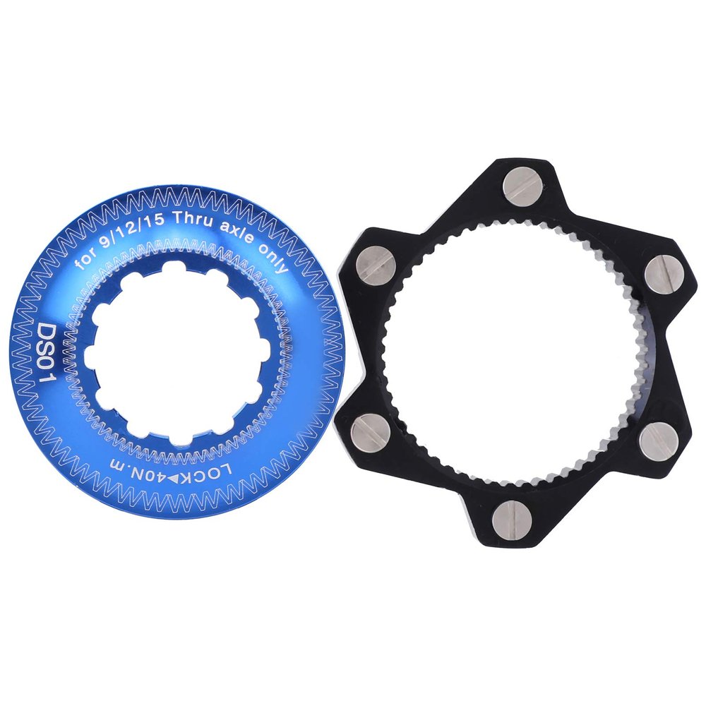 6-Bolt to Center-Lock Rotor Adapter, CNC-Anodized Aluminum, Black and Blue