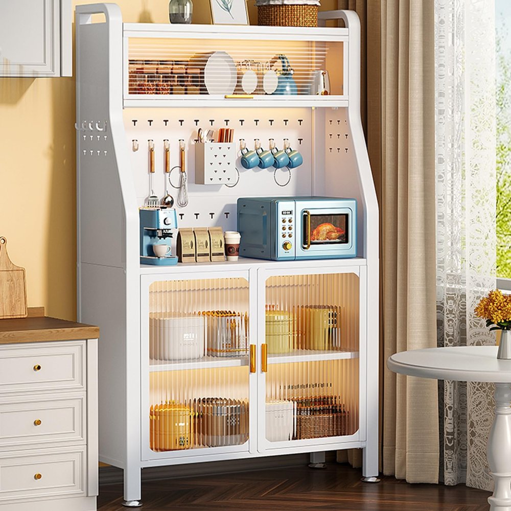 Generic White Baker's Rack with Doors | Freestanding Kitchen Cabinet | Microwave Storage with Two Doors | Stylish Baker's Rack for Hallway | Space-Saving Kitchen Organizer (86 cm)