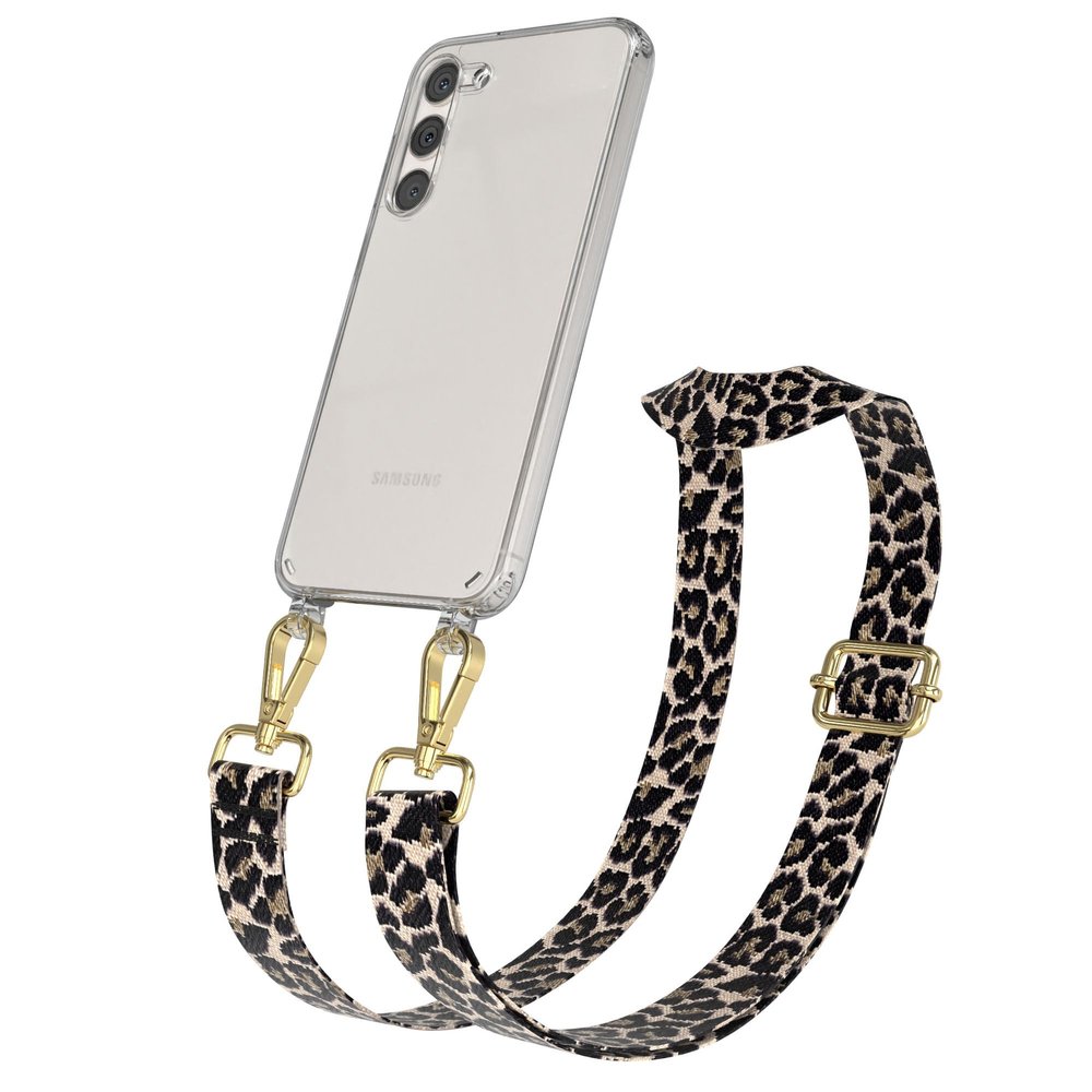 EAZY CASE Phone Lanyard for Galaxy S23 Plus, Adjustable Strap with Silicone Case, Leopard Black Beige Gold
