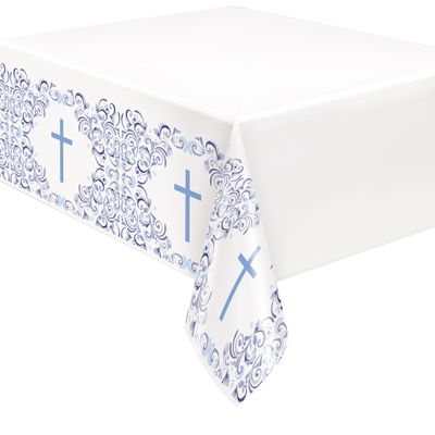 Unique 82103 Plastic Tablecloth, 2.13 m x 1.37 m, Blue Holy Cross