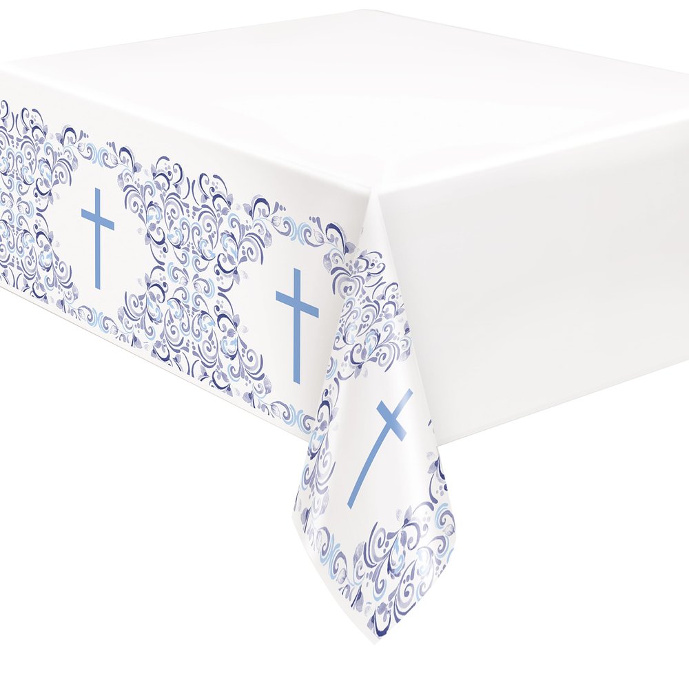 Unique 82103 Plastic Tablecloth, 2.13 m x 1.37 m, Blue Holy Cross