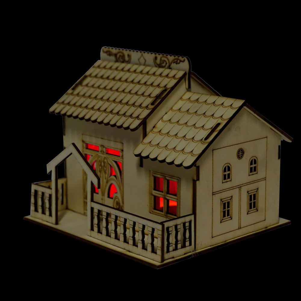 Wooden Money-Saving Box Villa Storage Box Home Model with Night Light, Dollhouse Desktop Jar for Fun Saving