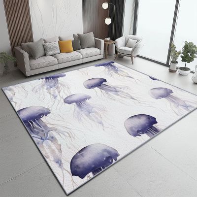 Machine-Washable Rug 120 x 170 cm, Soft Short-Pile Printed Watercolor Jellyfish Decor, Light Gray